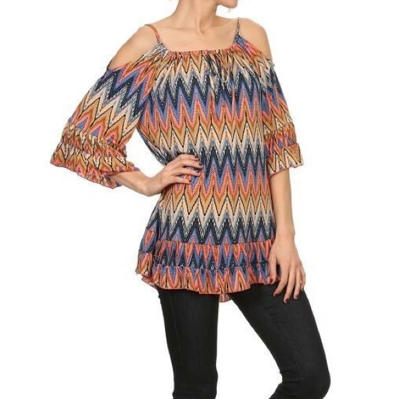 Boutique brand  Tops - Bell sleeves cold shoulder tunic chevron print