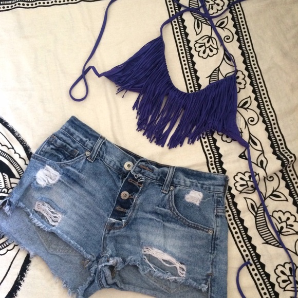 L*Space Audrey Fringe Halter Blue Iris Bikini Top