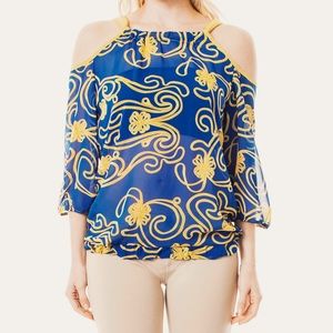 Blue/Yellow Back Bow-Tie Sheer Top