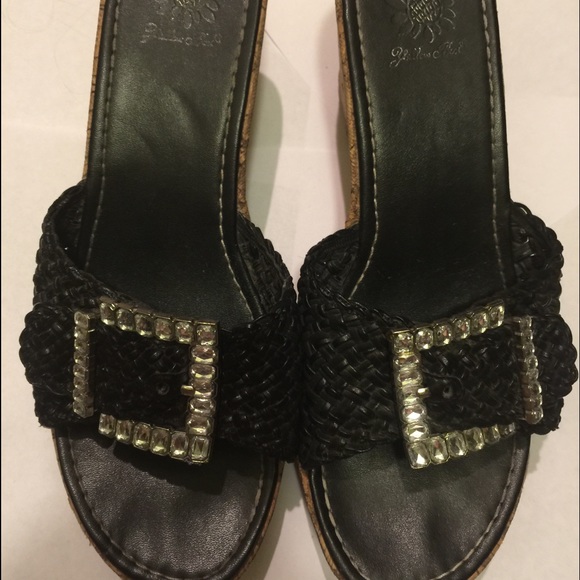 Yellow box black bling buckle wedge sandals