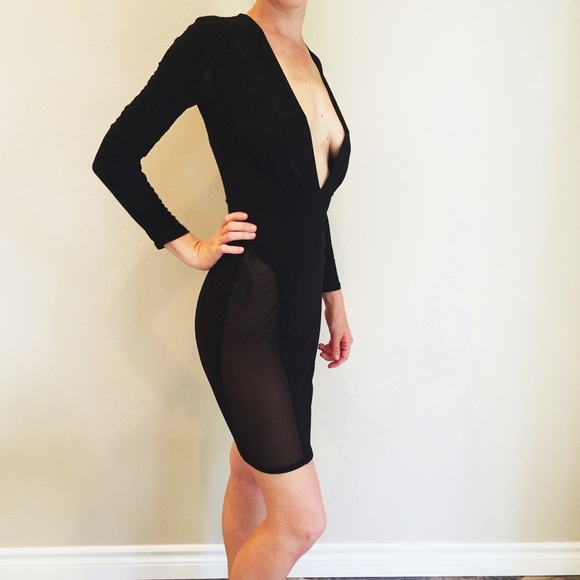 Plunge neck fitted long sleeve dress