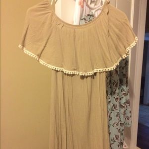 Tan and white, off shoulder dress