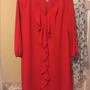 Red, ruffle front dress