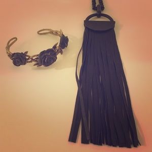 Leather Fringe MatteBlack Metal Statement Necklace