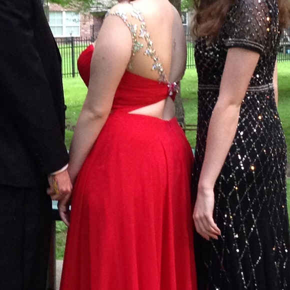 Red Jeweled Cutout Back Formal Prom Dress - Picture 2 of 4