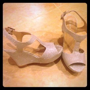 Rampage silver sparkly wedge sandals.