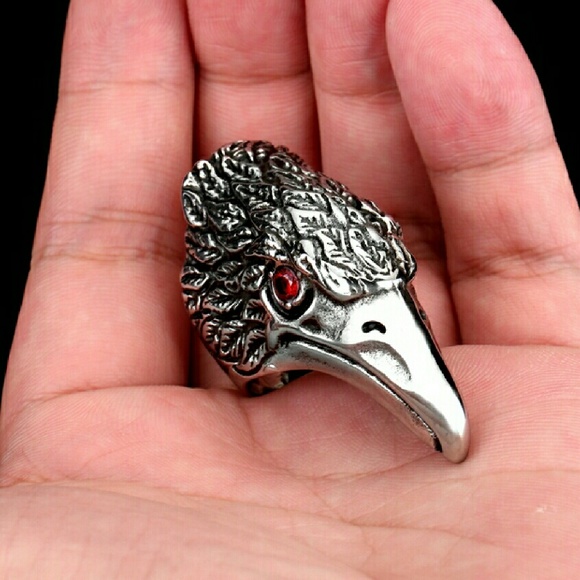 Stainless Steel 316L Ruby Red Eye Eagle Head Ring - Picture 3 of 4