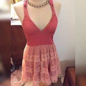 🍑 Free People Sexy Crochet Lace Pink Dress