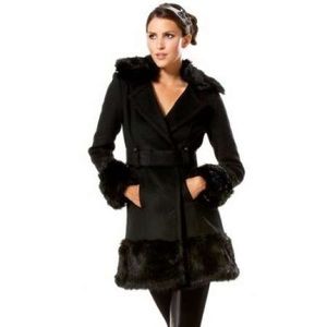 Belted Faux Fur-Trimmed Wool Coat