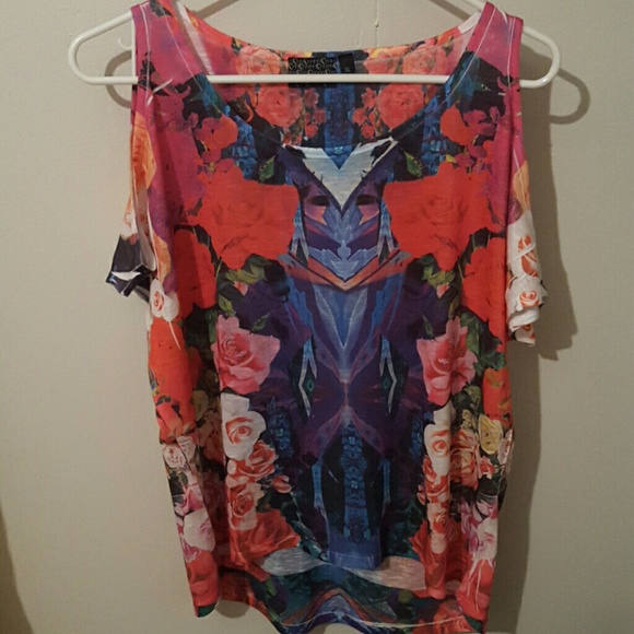 Floral top reds, blues, greens