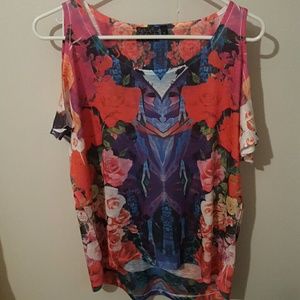 Floral top reds, blues, greens