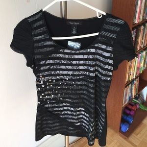 Black & white striped top with black lace overlay