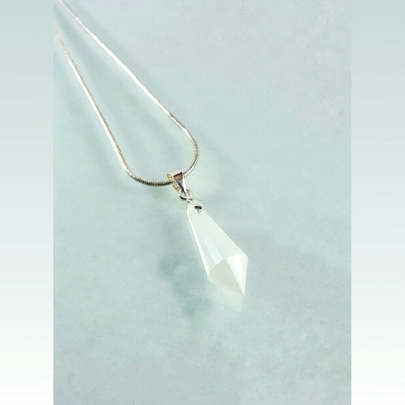 White Glass Crystal Teardrop Solitaire Necklace