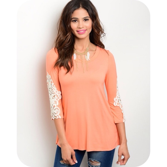CORAL SHIRT W/BACK SHEER PANEL & CROCHET ACCENTS - Picture 2 of 3