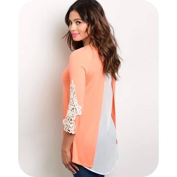 CORAL SHIRT W/BACK SHEER PANEL & CROCHET ACCENTS - Picture 3 of 3