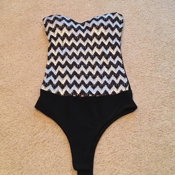 Chevron Stitched Tube Bodysuit Black and Gold