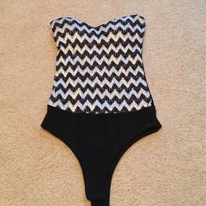 Chevron Stitched Tube Bodysuit Black and Gold