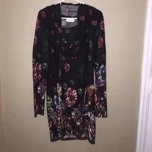 Black and floral dress with scarf part of dress.