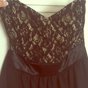 Black strapless, lace top, cocktail dress.