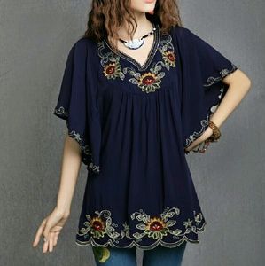70's Ethnic Hippie Floral Embroidered Top