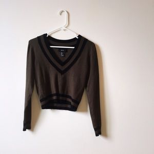 Olive Green Varsity Cropped Sweater