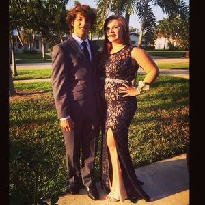 Lace navy blue prom dress