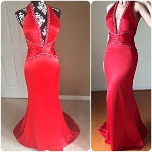 Red Tony Bowls Halter & Plunging Neckline Gown