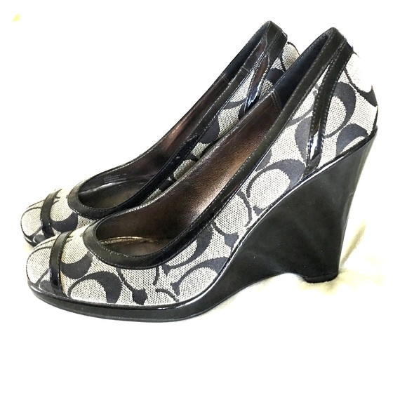 Patent leather coach wedge heels