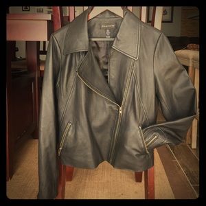 Genuine L black leather jacket asymmetrical zip