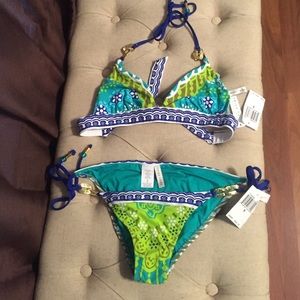 Trina Turk Turquoise Lime and Navy Bikini Size 6