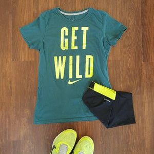 Nike slim fit teal top with neon yellow lettering