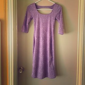 Skin tight, dusty purple, rose pattern dress!