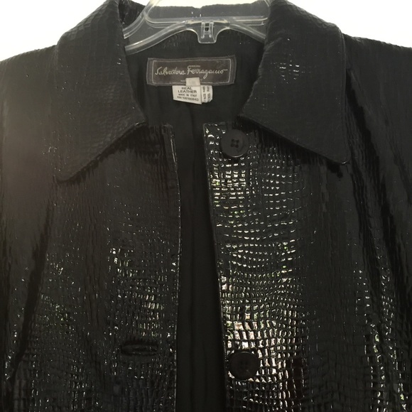 Ferragamo Couture crocodile black leather coat