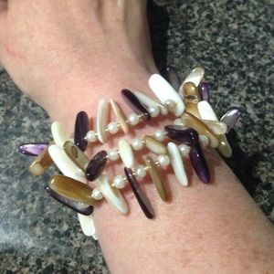 Purple, cream, & tan memory wire bracelet