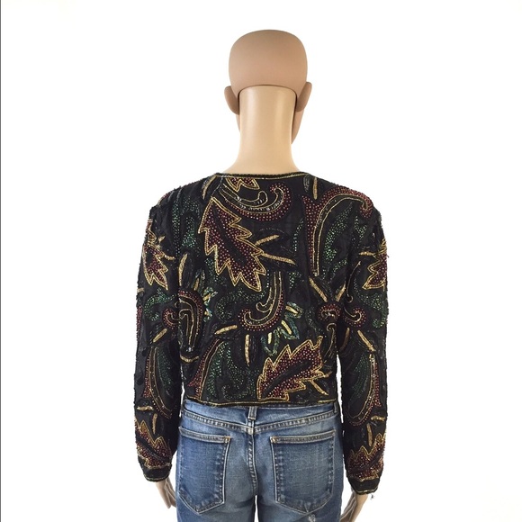 Vintage Black Silk Beaded Cropped Jacket, M - Picture 2 of 2