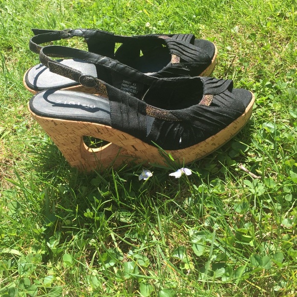 Black Peep Toe Cork Wedges 😊