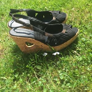 Black Peep Toe Cork Wedges 😊