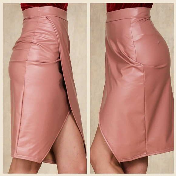 🆕 🌹Pink Petal Vegan Leather Wrap Midi Skirt🌹 - Picture 3 of 5