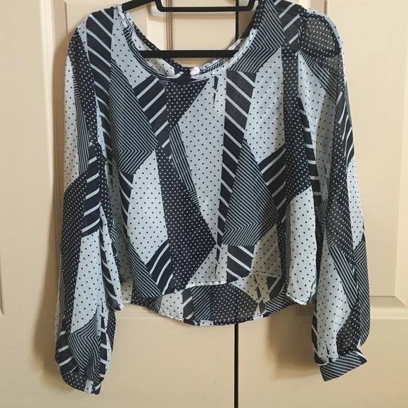 Navy and White Patterned Chiffon Blouse