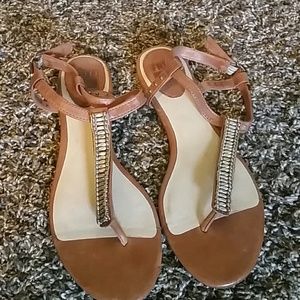 Tan Frye t strap sandals