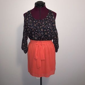 Open shoulder navy floral and salmon pink dress