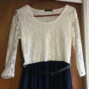 Casual long sleeve lace, blue skirt dress