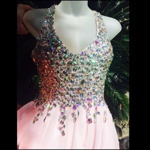 Pink-silver jeweled Racerback prom dress