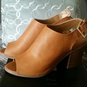Tan open toe heels