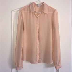 Sheer pastel blouse shirt with rhinestone collar