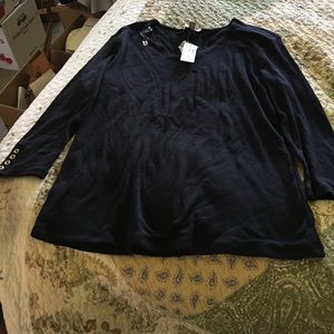 NWT black v neck 3/4 sleeve gold button detail