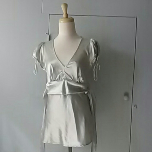 Silver, silk V neck shirt