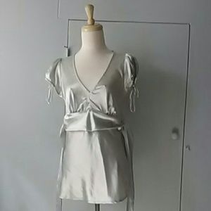 Silver, silk V neck shirt