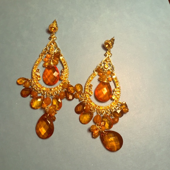 Gold and orange rhinestone chandelier earrings