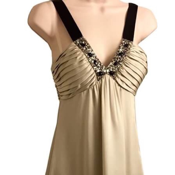Pale Gold Silk Dress with Black Bejeweled Neckline - Picture 2 of 4